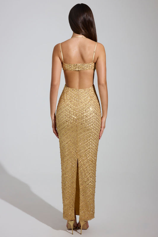 Embellished Cowl-Neck Maxi Dress in Gold