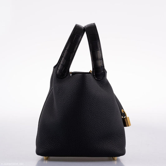 Hermes Picotin Lock Touch 18 PM Black Taurillon Clemence & Matte Alligator Gold Hardware