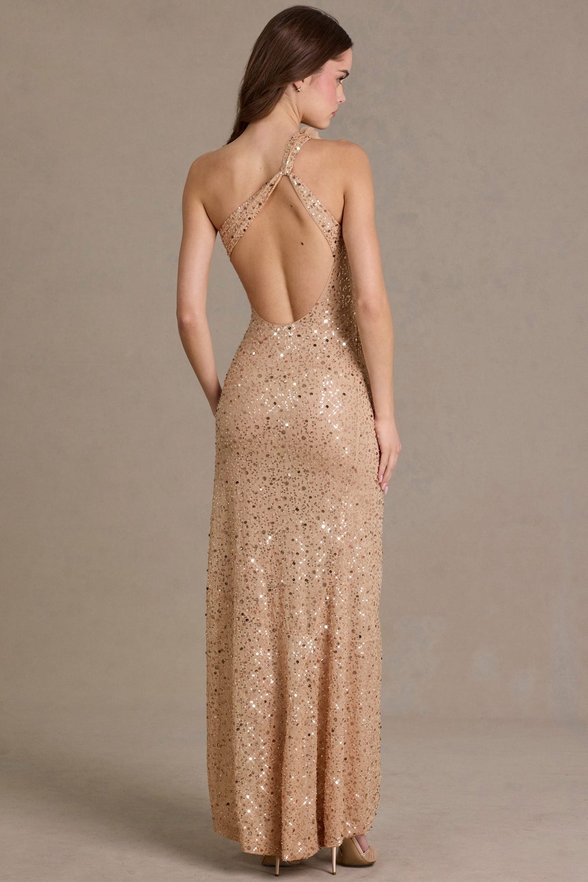 Embellished Asymmetric One-Shoulder Maxi Dress in Beige Gold