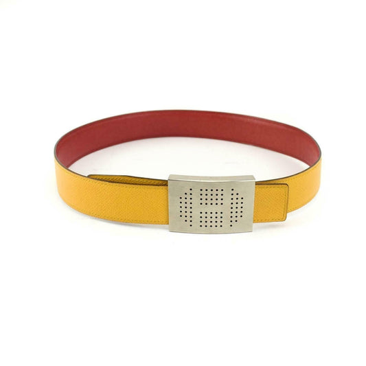 HERMES: Red/Golden Yellow Reversible Leather & "H" Logo Belt fits 26"- 28" (vp)