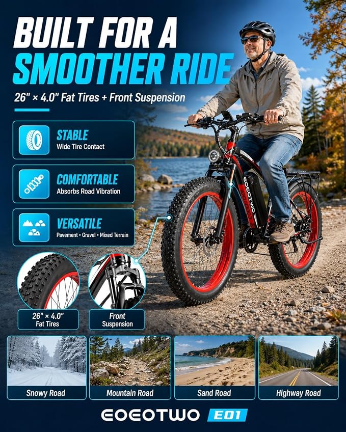 Electric Bike for Adults, 26" Fat Tire Ebikes, 48V 15Ah|20Ah