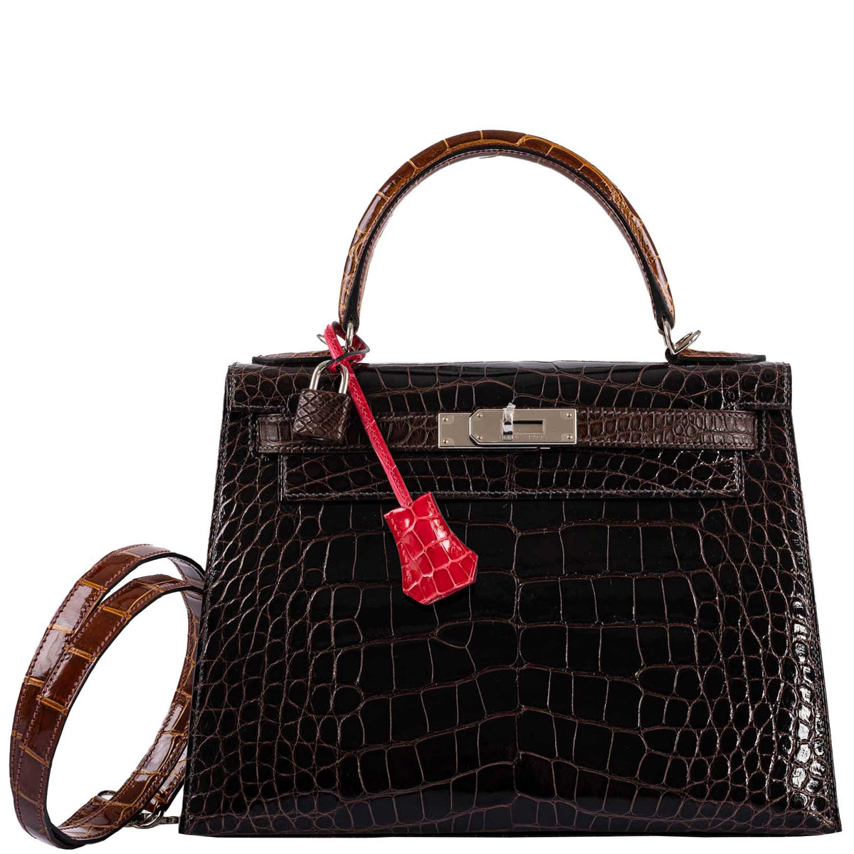 Hermes Kelly 28 Sellier Macassar, Ebene, Miel and Rose Extreme Alligator Palladium Hardware - 2021, Z
