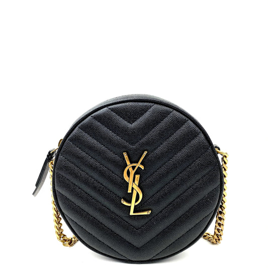 SAINT LAURENT Vinyle YSL Round Quilted Grain de Poudre Crossbody Bag