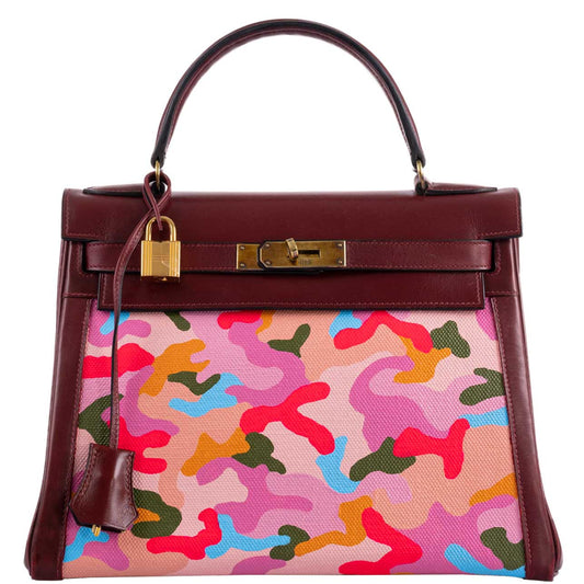 Vintage Hermes Kelly 28 Retourne Rouge H Calf Box & Toile Camouflage Painting