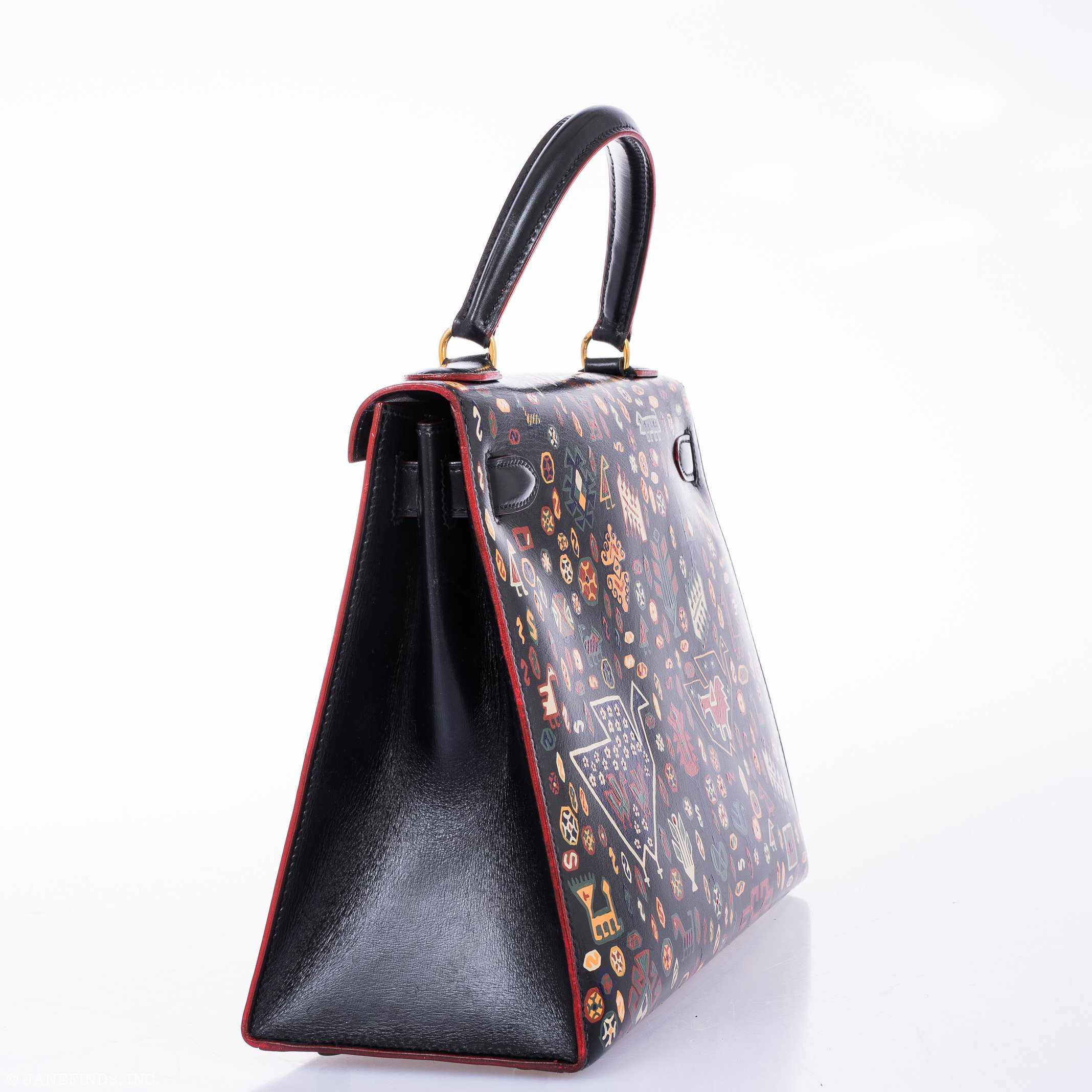 Vintage Hermes Kelly 28 Sellier Black Box Painted 