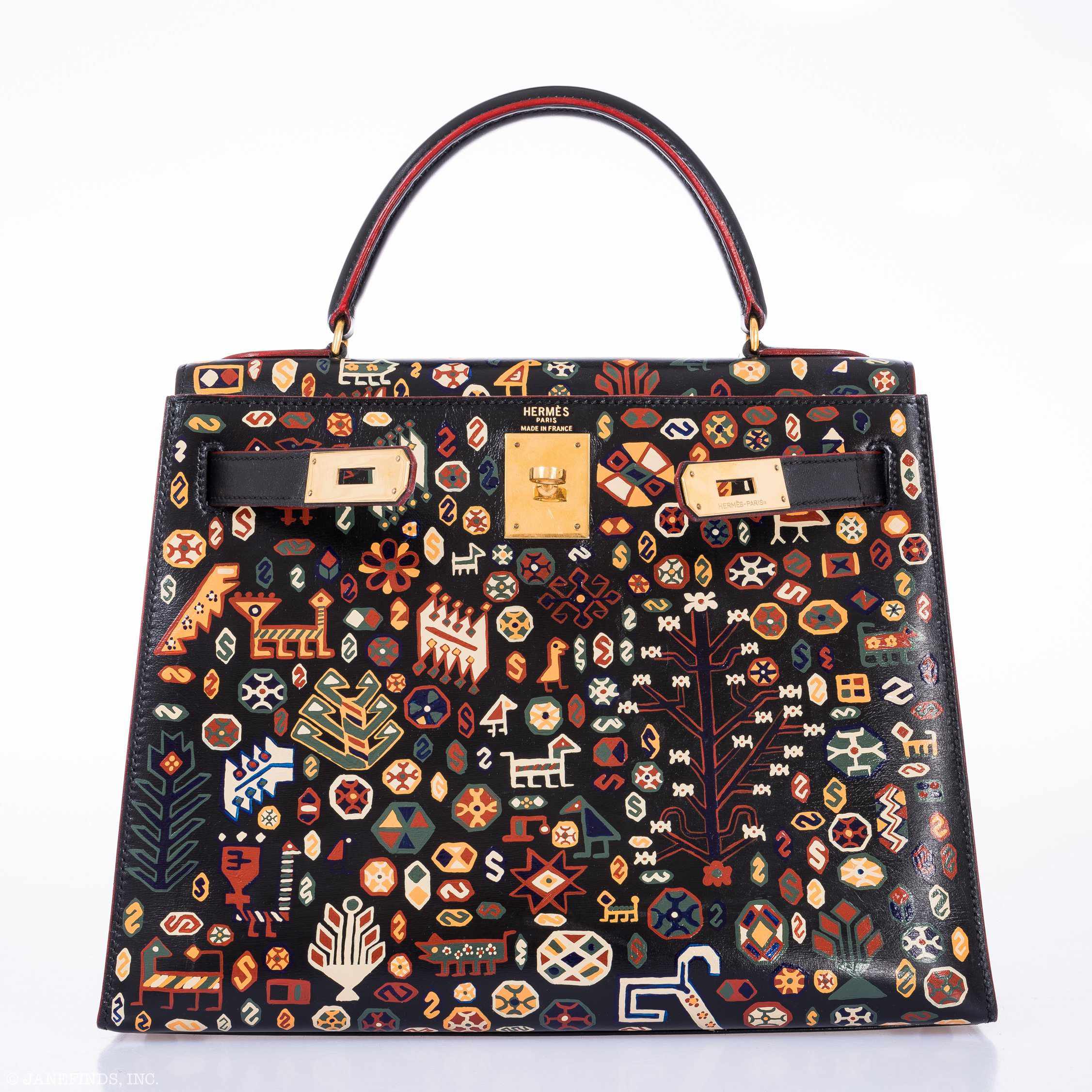 Vintage Hermes Kelly 28 Sellier Black Box Painted 