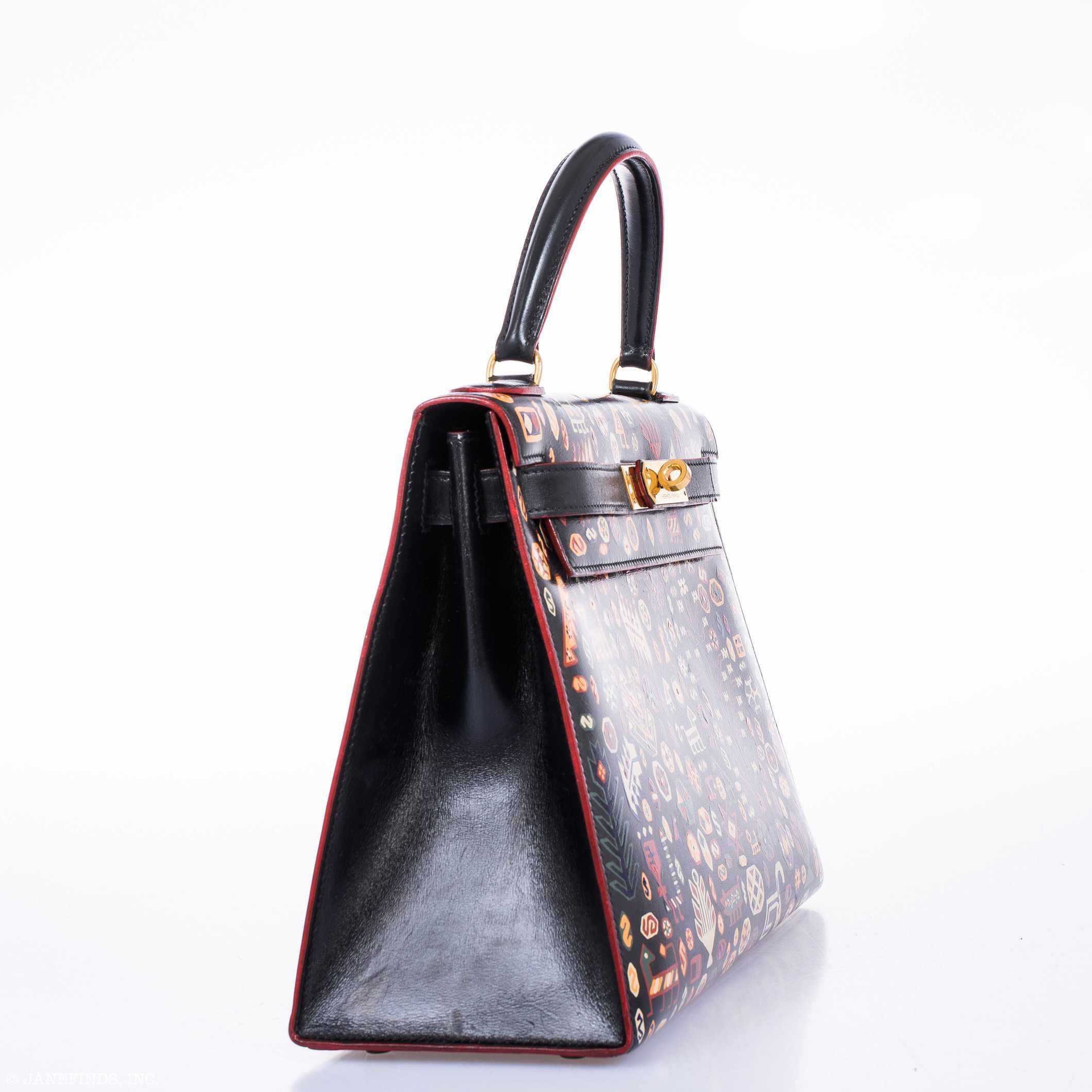Vintage Hermes Kelly 28 Sellier Black Box Painted 