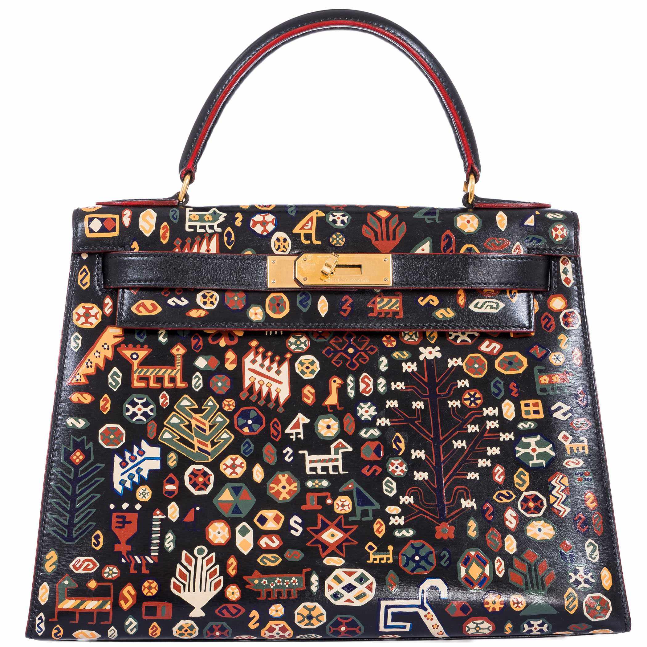 Vintage Hermes Kelly 28 Sellier Black Box Painted "Qashqai" Design with Gold Hardware